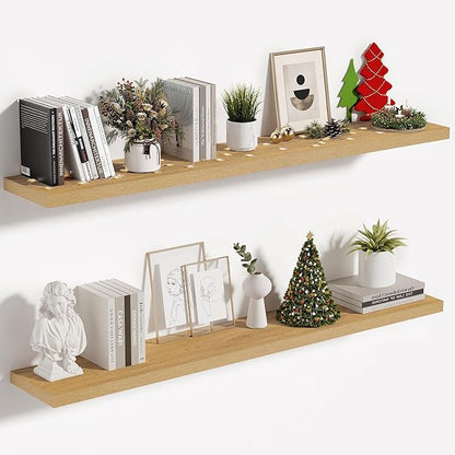 Vivelove 10" Deep Floating Shelves with Invisible Brackets, 47" Wall Shelves for Bathroom Bedroom Kitchen Living Room Laundry Room, Modern Rustic Shelves for Home Decor, 47.2"x10.2"x1.5"Set of 2, Oak