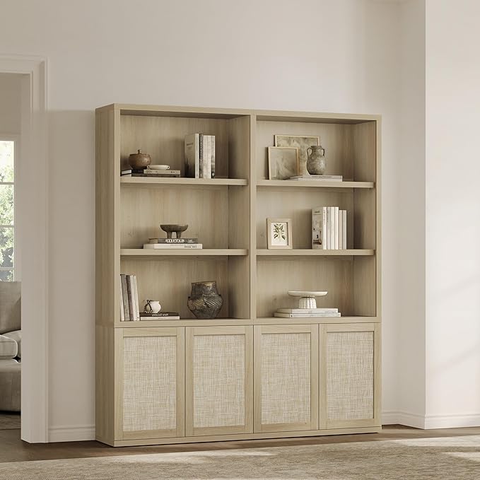 SICOTAS 70.5" Tall Bookshelf - 5-Tier Rattan Bookcase with Storage Cabinet Large Farmhouse Book Shelves with Doors, Boho Bookshelves for Living Room Home Office Library(Sand Oak, 1 Piece)