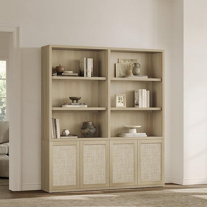 SICOTAS 70.5" Tall Bookshelf - 5-Tier Rattan Bookcase with Storage Cabinet Large Farmhouse Book Shelves with Doors, Boho Bookshelves for Living Room Home Office Library(Sand Oak, 1 Piece)