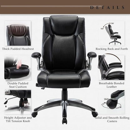 COLAMY Executive Office Ergonomic Chair with Thick Bonded Leather, 300lbs Capacity Big and Tall High Back Desk Chair with Flip-up Armrests, Adjustable Height and Tilt for Working, Study, Gaming,2PC