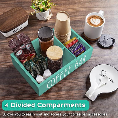 ALELION Turquoise Coffee Station Organizer with Removable Dividers - K Cup Pod Holder Storage Basket for Sugar, Tea - Teal Coffee Bar Kitchen Decor Accessories Organizer for Countertop