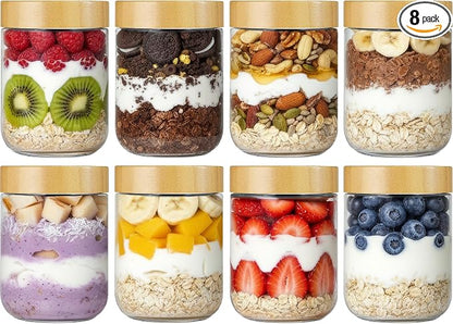 Vtopmart 8 Pack 16oz Glass Overnight Oats Containers with Bamboo Lids, Portable Wide Mouth Glass Jars Leak Proof, Reusable Glass Food Storage Containers for Yogurt Chia Pudding Salad Pickling Snacks