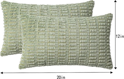 Aegero Pack of 2 Corduroy Decorative Throw Pillow Covers 12x20 InchSoft Boho Striped Pillow Covers Modern Farmhouse Home Decor for Sofa Living Room Couch Bed（Sage Green）