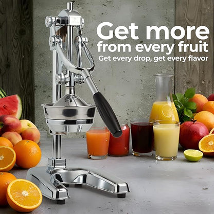 Zulay Kitchen Professional Citrus Juicer - Chrome Finish Manual Citrus Press and Orange Squeezer - Metal Lemon Squeezer - Extra Tall Heavy Duty Manual Orange Juicer and Lime Squeezer Press Stand