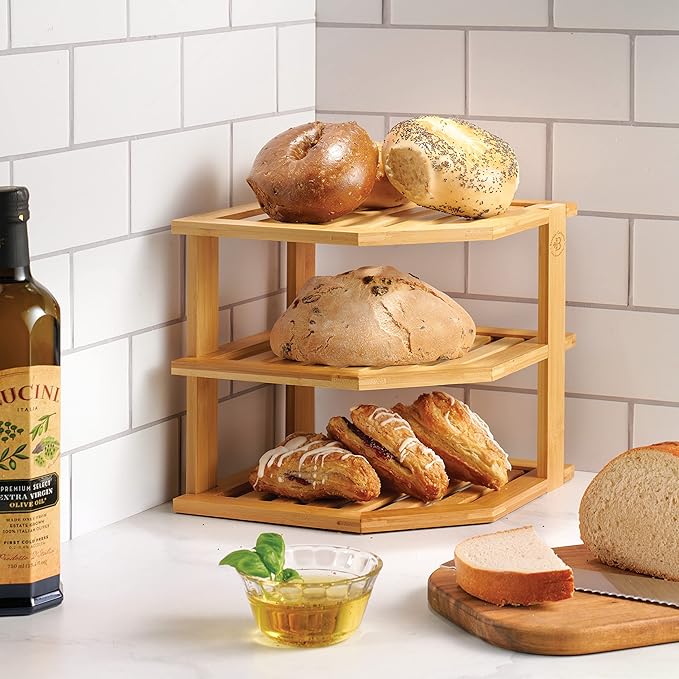 Cabinet Organizer Shelf - Bamboo Corner Rack for Kitchen Counter, Cabinet Space Saver for Plates, Dishes, Bowls, Bread - Pantry and Bathroom Storage or Countertop - Useful Home & Housewarming Gift | Kitchen Counter, Cabinet Space Saver, Plates, Dishes,...