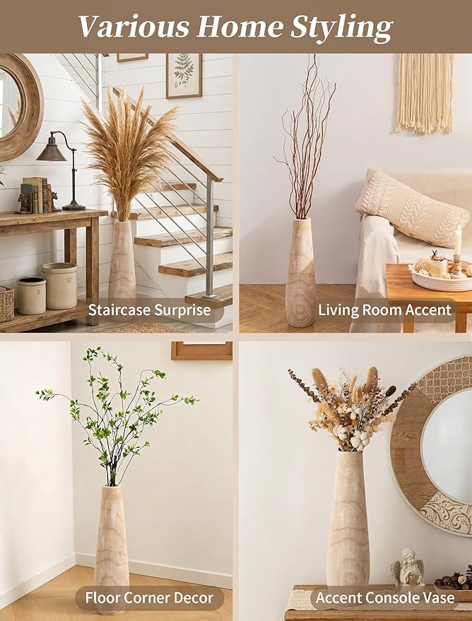 Hanobe Wooden Tall Floor Vase: 22 Inch Decorative Vases for Pampas Grass Large Vase for Boho Rustic Farmhouse Living Room Bedroom Hallway Corner Neutral Home Decor