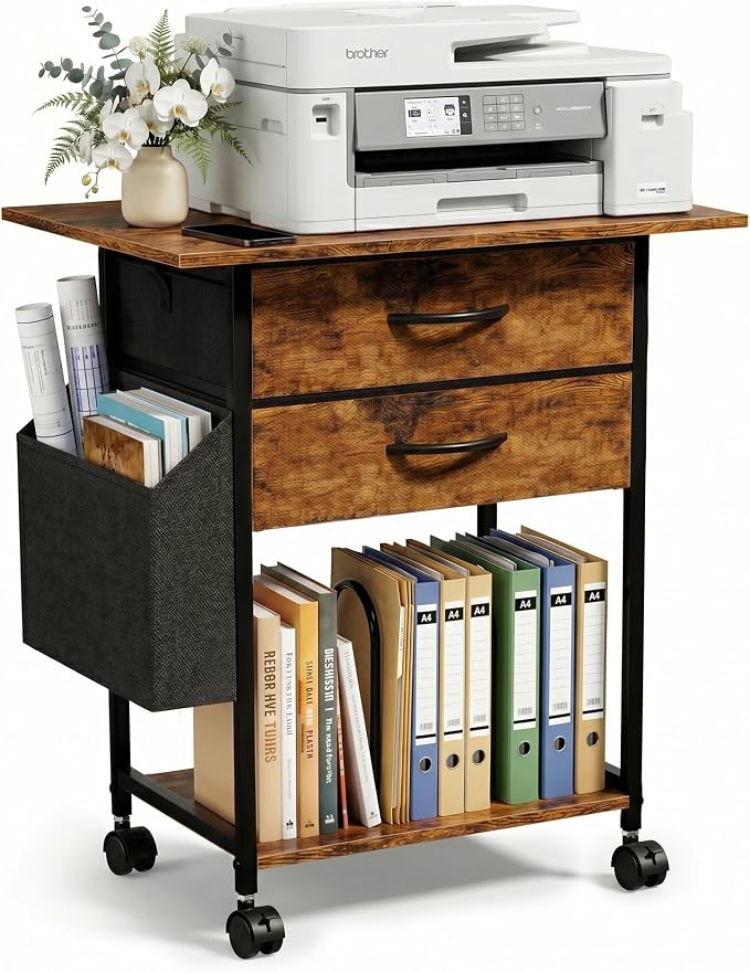 Faesun Printer Stand with Storage, 22'' Printer Cabinet with 2 Fabric Drawers, Rolling File Cabinet for Home Office, Printer Table with File Storage, Side Pocket & Dividers, Rustic Brown