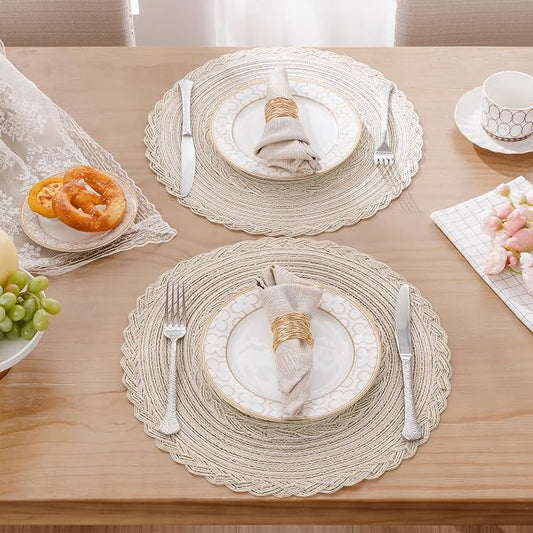 SHACOS Round Placemats Set of 4 Boho Braided Border Table Place Mats for Dining Table Wedding Holiday Party (Ivory Bordered, 4)