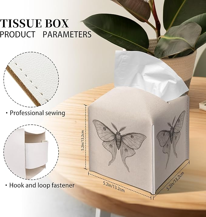 Grace Yonks Minimal Tissue Box Cover Square - Vintage Moth Study Design 5.2" PU Leather Holder for Vanity, Desk, or Bathroom Counter - Cube Case for Facial Tissues. (118)