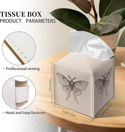 Grace Yonks Minimal Tissue Box Cover Square - Vintage Moth Study Design 5.2" PU Leather Holder for Vanity, Desk, or Bathroom Counter - Cube Case for Facial Tissues. (118)