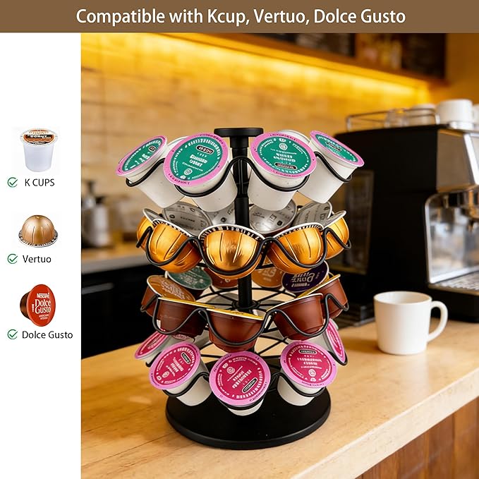 360° Rotating Coffee Pod Holder, Metal Capsule Storage Organizer for K-Cup, Nespresso Vertuo, Dolce Gusto, 36 Pod Capacity Countertop Space-Saving Carousel Stand
