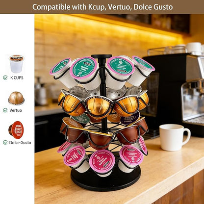 360° Rotating Coffee Pod Holder, Metal Capsule Storage Organizer for K-Cup, Nespresso Vertuo, Dolce Gusto, 36 Pod Capacity Countertop Space-Saving Carousel Stand