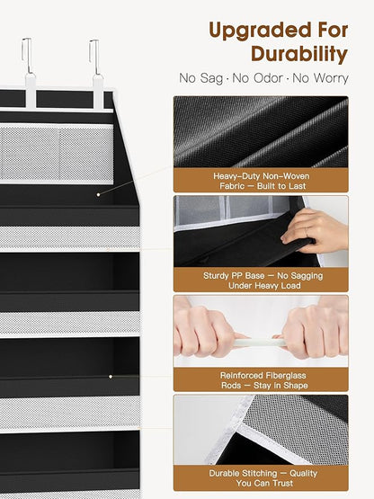 Criusia Over the Door Organizer, Heavy-Duty 6-Shelf Hanging Storage with 13 Mesh Pockets, 55lbs Capacity Behind the Door Storage for Nursery, Bathroom, Bedroom, and Dorm, Black