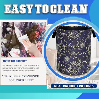 Celestial Sun Stars Moon Laundry Basket Oxford Cloth Funny Laundry Hamper With Handle Foldable Portable Clothes Storage Basket 18.9 X 16.5 In Storage Bag For Laundry Room/Bathroom/Bedroom/Dormitories