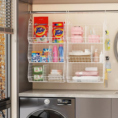 4 Tier Extra Large Hanging Closet Organizer,Closet Organizer Hanging with 5 S Hooks 4 Dividers,Clothes Organizer Clothing Sweaters Clutches Handbags Hats Accessories-White