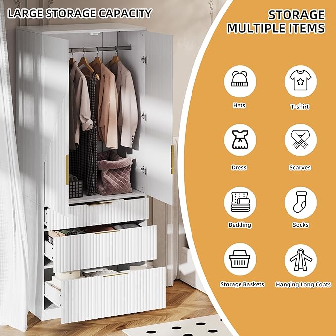 71.7" Wardrobe Armoire Wooden Closet with 2 Doors and 3 Drawers, Bedroom Armoire with Hanging Rod Shelf, Large Capacity Storage Wardrobe Armoire, Freestanding Wooden Closet Storage Cabinet White