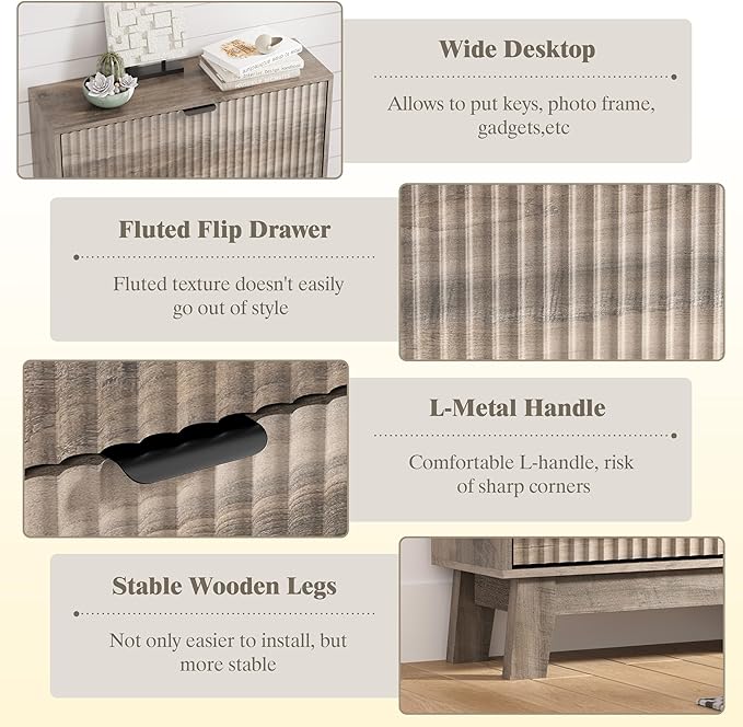 Shoe Cabinet Storage for Entryway with 2 Flip Drawers, Fluted Narrow Shoe Organizer with Wooden Legs, Freestanding Slim Shoe Storage Hidden Shoe Rack Organizer for Front Door Entrance, Grey