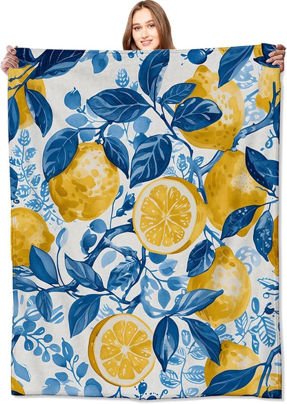 Lemon Blanket Fresh Citrus Fruit Throw Blankets with Blue Leaves,Birthday Gifts for Girls Boys Women & Food Lovers,Lightweight Soft Fleece,for Sofa Couch Bed Room Summer Decor 50x60in