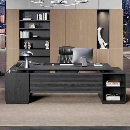 L Shaped Desk with Drawers for Home, 78-Inch Executive Office Desk with Power Outlet, Large Home Office Desks with Open Shelf and Storage Cabinet for Home, Grey Black
