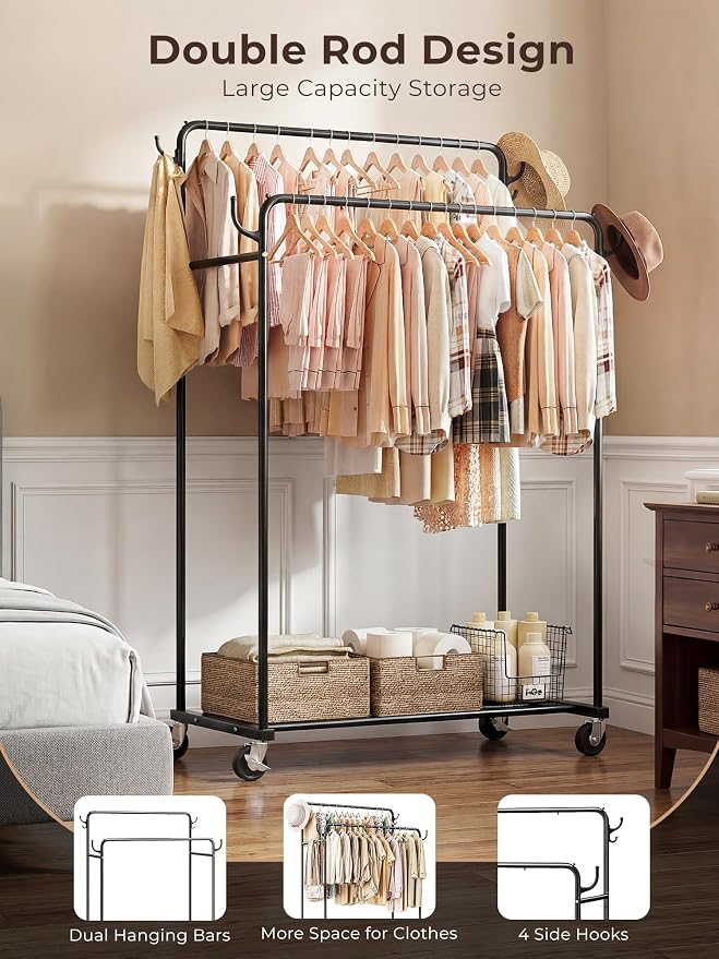 Clothes Rack, Rolling Clothing Rack with Double Rods for Hanging Clothes, Portable Garment Rack with Wheels, Metal Wardrobe Closet Organizer for Bedroom and Laundry Room
