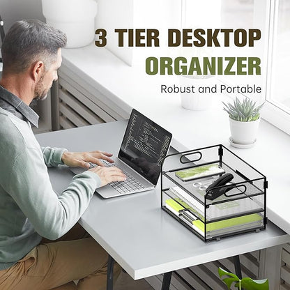 DALTACK 3 Tier Paper Organizer with Handle, Mesh Metal Desk Organizer with Sliding Paper Trays for Letter/A4 Paper, Mail, Bills & Folders, Black