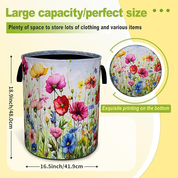 Colorful Flowers Laundry Basket Boho Floral Print Foldable Waterproof Oxford Cloth Funny Tote Bag Laundry Hamper Clothes Storage Bucket Toy Organizer For Bathroom/Laundry Storage/Bedroom 18.9x16.5 In