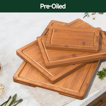 4-Piece Set Bamboo Cutting Board for Kitchen - Crack-Resistant Wood Chopping Boards with Deep Juice Grooves, Pre-Oiled Butcher Block for Meat, Vegetables & Cheese, Carbonized