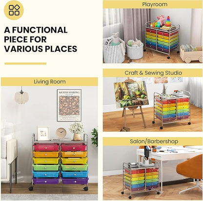 Giantex 12 Drawers Rolling Cart, Mobile Storage Drawer Cart, Classroom Organizer Cart for Office School Supplies Tools Scrapbook Paper Craft Small Printer, Utility Cart on Wheels, Rainbow