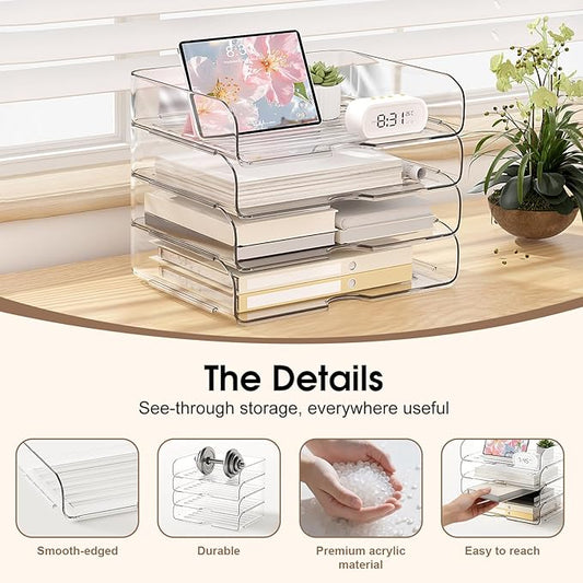 4-Tier Large-Capacity Paper Organizer, Clear Stackable Desk Organizer & Acrylic Paper Tray, Transparent & Easy Access,Desk File Organizer for Home Office & School