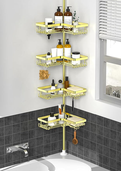 KEGII Corner Gold Shower Caddy Tension Pole - 4-Tier Rustproof Shower Rod Organizer, Floor to Ceiling Tension Rod 25-114.2 inch, Stainless Steel Corner Shower Shelf, Waterproof