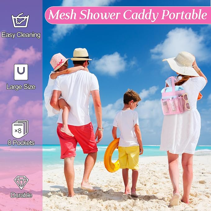 Hillban 4 Pcs Mesh Shower Caddy Portable Shower Caddy for Dorm Beach Mesh Bags with Deeper 8 Pockets and Handles Showers Caddies Basket for Women College Room Vacation(Pink)