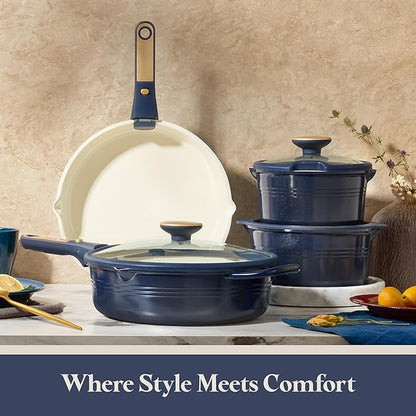 CAROTE 22Pcs Titanium Cookware Set, Pots and Pans Set Non Stick, Kitchen Cooking Set with Detachable Handle, Non Toxic Induction Cookware, Dishwasher/Oven Safe，Blue