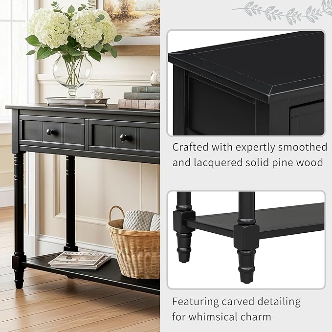 Knocbel Antique Entry Console Table with 2 Drawers & Bottom Open Shelf, Wood Sofa Tables for Entryway Hallway Living Room, 35.34" W x 13.8" D x 30.25" H, Black