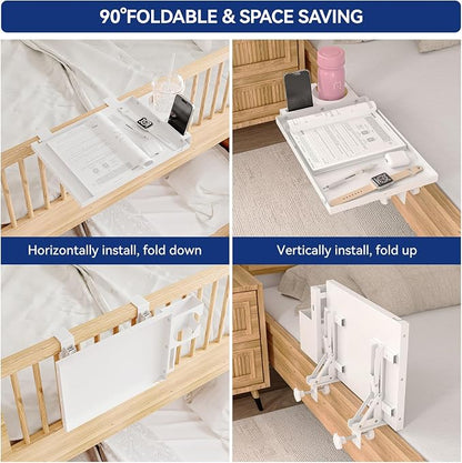 Metal Bedside Shelf Table Tray with Cup Holder, Foldable Bed Side Table for Bunk Bed & Top Bunk, College Dorm Room Essentials for Guys & Girls, Clip-on Laptop Nightstand for IKEA Beds, White