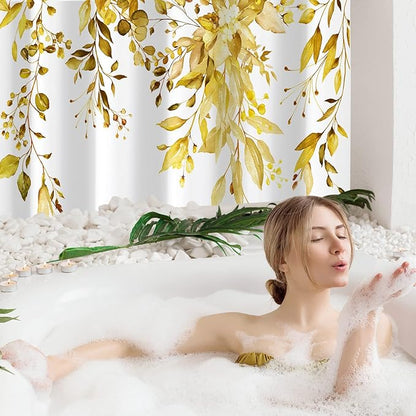 Gibelle Long Shower Curtain 72 x 78, Yellow Floral Shower Curtain for Bathroom, Watercolor Plant Eucalyptus Leaves Fabric Shower Curtain Set