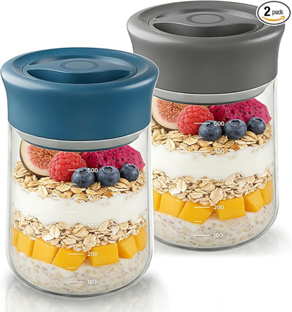 LAKUMIQI Overnight Oats Containers with Lids, 2 Pack 17oz Glass Jars with Airtight Lids, Wide Mouth Mason Jars, Food Coffee Bean Storage Containers for Yogurt, Chia Pudding, Snack, Salad(Blue+Grey)