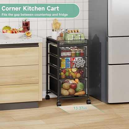 keomaisyto 5-Tier Kitchen Storage Cart with Top Basket & Drawers, Fruit and Vegetable Storage Rack on Wheels, Metal Rolling Cart with Drawers & Kitchen Organization for Snacks, Potatoes, Onions, Cans
