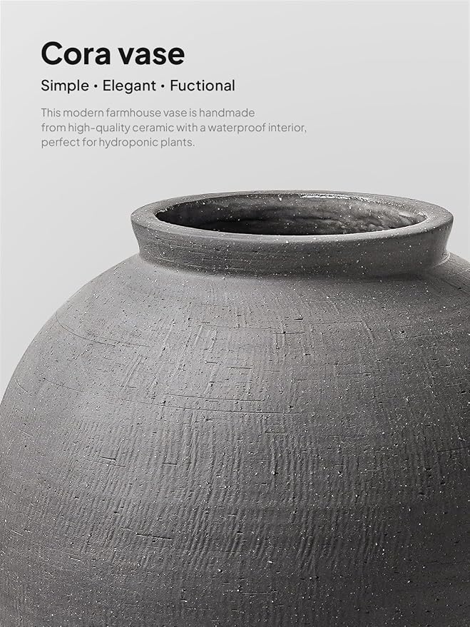 Large Blak Ceramic Vase - 9.8 Inch Rustic Farmhouse Flower Vase for Home Decor, Minimalist Tall Vases for Living Room, Table, Bathroom, Holiday & Weddings,Sandstone Dark Grey
