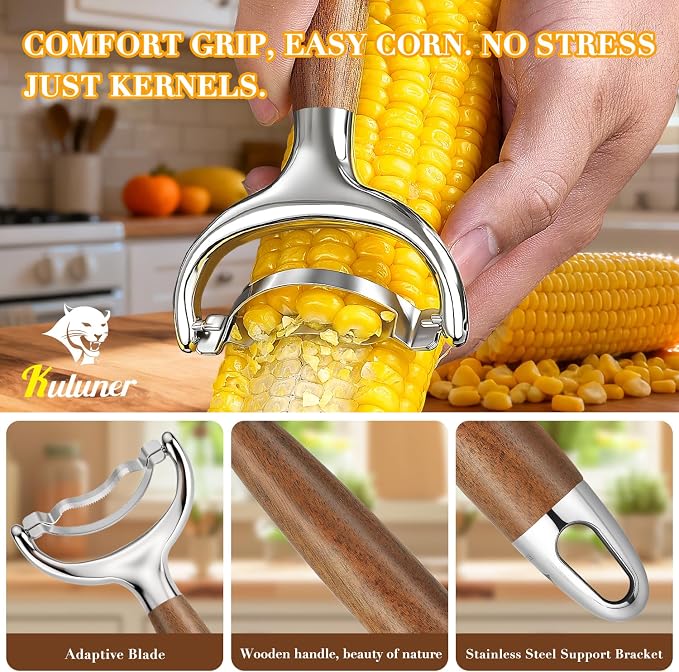 KULUNER Stainless Steel Corn Stripper Tool - Burma Teak Wood Handle, Rust-Resistant Polished Blade, Easy Clean Corn Cob Remover for Salad, Salsa, Party (Burma Teak)