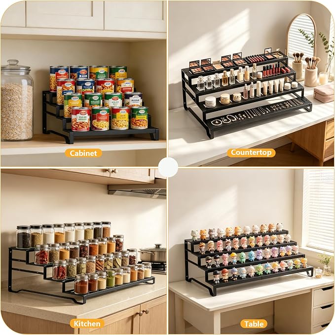 Attelite 4 Tier Expandable Can Rack Organizer for Pantry, Adjustable 13"-21" Metal Soda Can Organizer, Pantry Organization Canned Food Storage Holder for Kitchen Cabinet Countertop, Black 1Pack