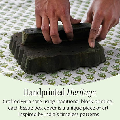 CPC Emerald Green Hand Block Printed Cotton Tissue Box Cover 5" x 5" x 5.5" Square Soft Reusable Boho Napkin Holder for Home Kitchen Dining Bathroom Office Cafe Spa Summer Thanksgiving