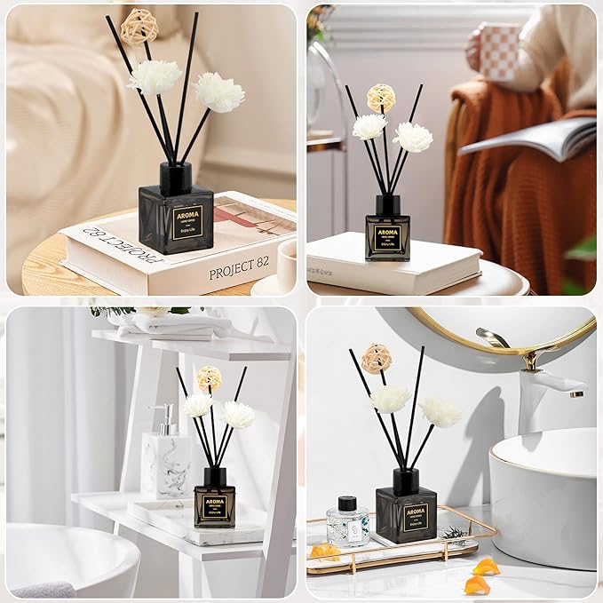 Black Glass Bottle Scent Diffuser, 1.7 oz Reed Diffuser with Sticks, Home Fragrance for Bookshelf, Bedroom Vanity, Office Desk & Bathroom Decor, Air Freshener for Aesthetic Room Decor (Encounter)