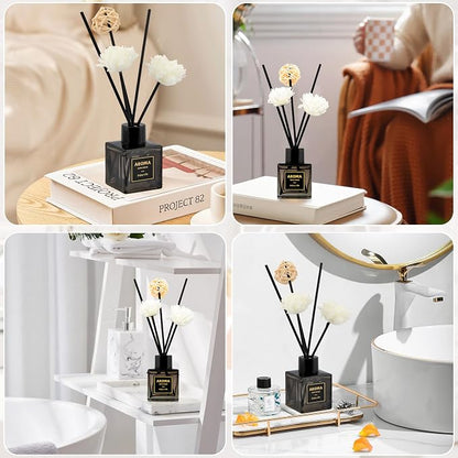 Black Glass Bottle Scent Diffuser, 1.7 oz Reed Diffuser with Sticks, Home Fragrance for Bookshelf, Bedroom Vanity, Office Desk & Bathroom Decor, Air Freshener for Aesthetic Room Decor (White Tea)