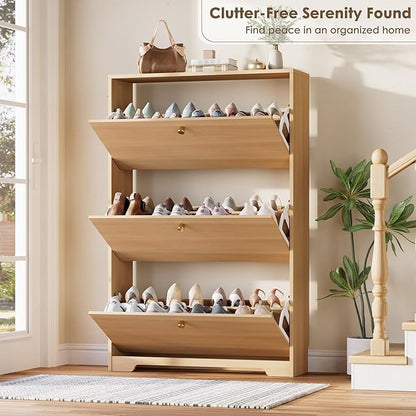 Nicetree Shoe Storage Cabinet, Slim Shoe Cabinet, Hidden Shoe Rack Cabinet, Shoe Storage Cabinet for Entryway, Hallway, Foyer, Natural Oak
