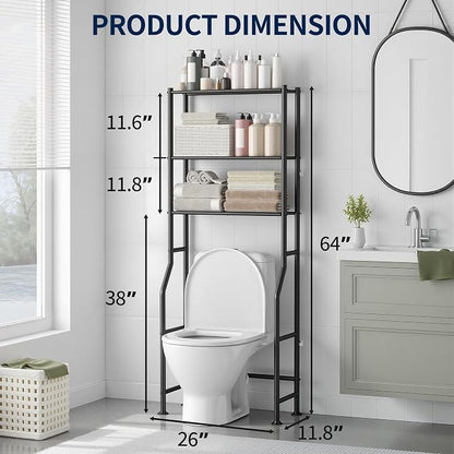 GloTika 3-Tier Over Toilet Storage Rack, Metal Over Toilet Bathroom Organizer Shelf, Freestanding Space Saver Storage Shelves for Bathroom/Laundry/Living Room (Black)