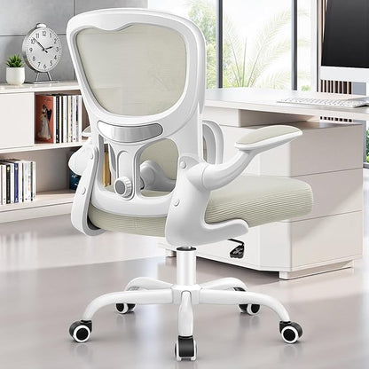 Ergonomic Office Chair, Breathable Mesh Ergonomic Desk Chair with Adjustable Lumbar Support, Flip-up Armrests, Computer Chairs Comfortable for Home, Office, Work, 300lbs, White