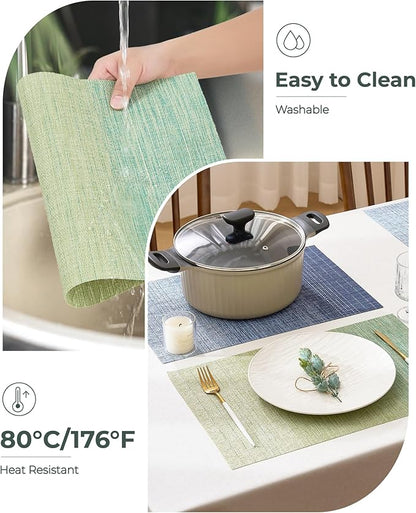 Leetaltree Gradient Green Woven Placemats Set of 6 - Heat Resistant Non-Slip Place mats for Dining Table, Washable Durable PVC Vinyl Woven Table Mats(Gradient Green, 6)