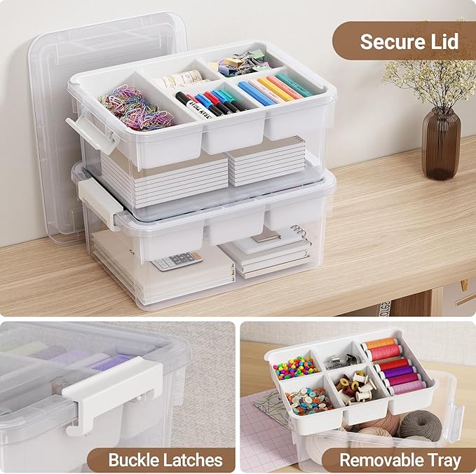 HOMETUK 80Qt Stackable Storage Bins with Lids & Trays, Clear Plastic Latching Boxes Organizers with Dividers Portable 20Gal Containers for Arts & Crafts, Home and Car Trunk Organization, 4Pack