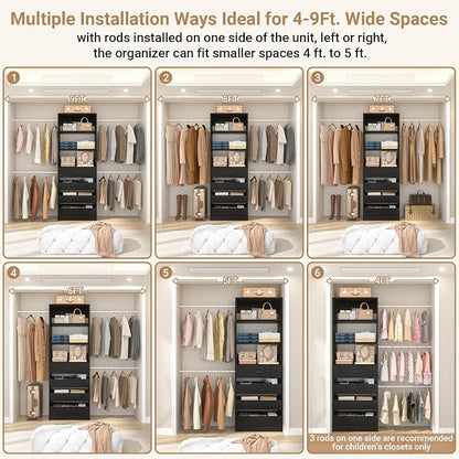 Aheaplus Closet System, 4-9Ft Closet Organizer with 4 Wooden Drawers, Wood Closet Organizer System with Tower, Walk-in Closet Organizer Wardrobe Clothes Rack with 4 Hanging Rods, Garment Rack, Black