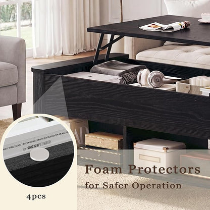 HUAHUU 41.3" Lift Top Coffee Table, Modern Coffee Table with Storage, Fluted Coffee Tables with Lift Tabletop, Hidden Storage Compartment & Lower Shelf for Living Room, Home Office, Black